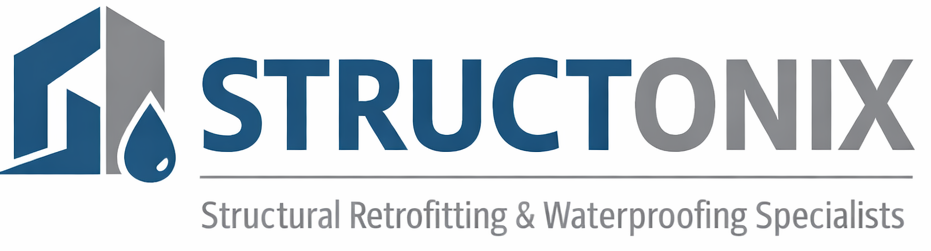 Structonix logo with geometric building symbol and water droplet in steel blue and concrete gray, with tagline "Structural Retrofitting & Waterproofing Specialists"