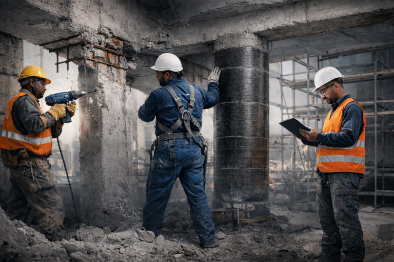 Construction team performing structural retrofitting and RCC column strengthening with carbon fiber wrapping and concrete repair inside a building in Mumbai