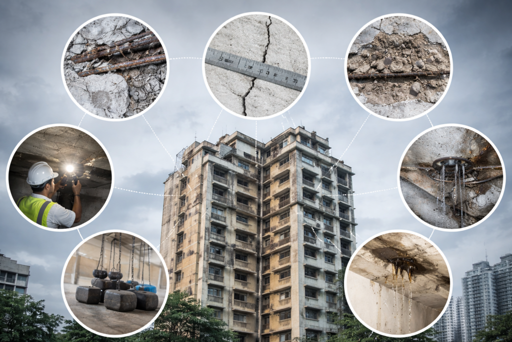 Aging residential building in Mumbai showing structural cracks, reinforcement corrosion, concrete spalling and water leakage requiring pre-repair structural assessment