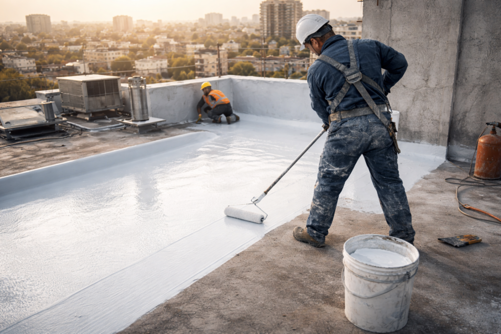 Workers applying polyurethane liquid waterproofing membrane on residential terrace roof in Mumbai