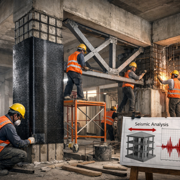 Engineers performing seismic retrofitting with FRP column wrapping and steel bracing installation inside RCC building