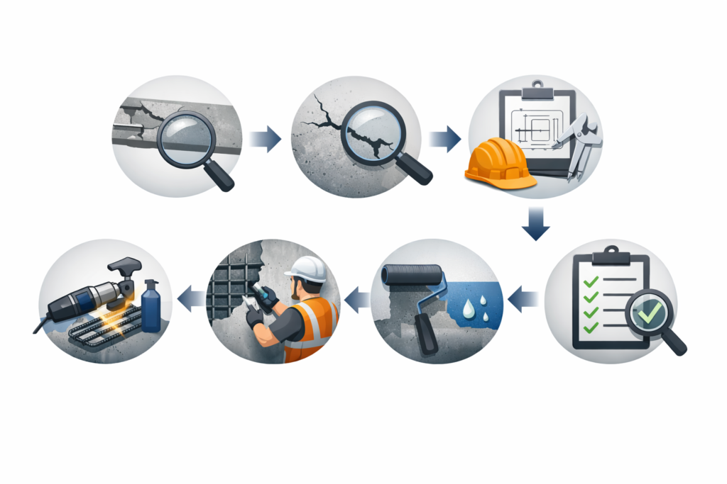 Step-by-step structural repair and rehabilitation process including inspection, crack analysis, corrosion treatment, strengthening, waterproofing and final quality inspection