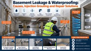 Basement waterproofing and leakage repair showing groundwater seepage through RCC walls, PU injection grouting, epoxy crack injection, construction joint sealing and waterproofing membrane application.