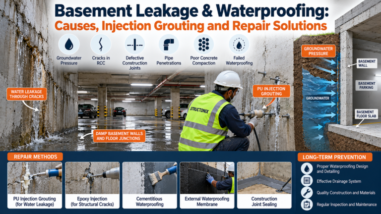 Basement waterproofing and leakage repair showing groundwater seepage through RCC walls, PU injection grouting, epoxy crack injection, construction joint sealing and waterproofing membrane application.