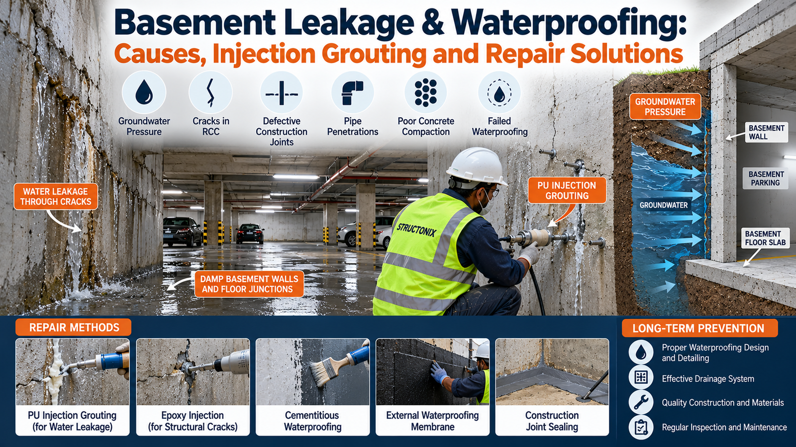 Read more about the article Basement Leakage & Waterproofing: Causes, Injection Grouting and Repair Solutions