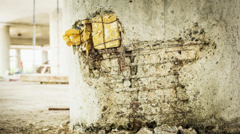 Structural cracks and concrete deterioration in an RCC building requiring professional inspection.