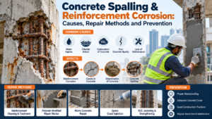 Concrete spalling repair showing corroded steel reinforcement, damaged RCC columns, concrete cracks, reinforcement treatment and polymer-modified mortar repairs.