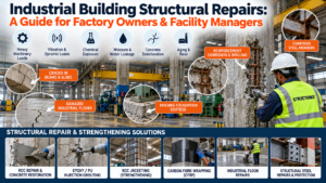 Industrial structural repairs showing RCC column restoration, reinforcement corrosion treatment, factory floor crack repairs, machine foundation damage, CFRP wrapping and steel strengthening.