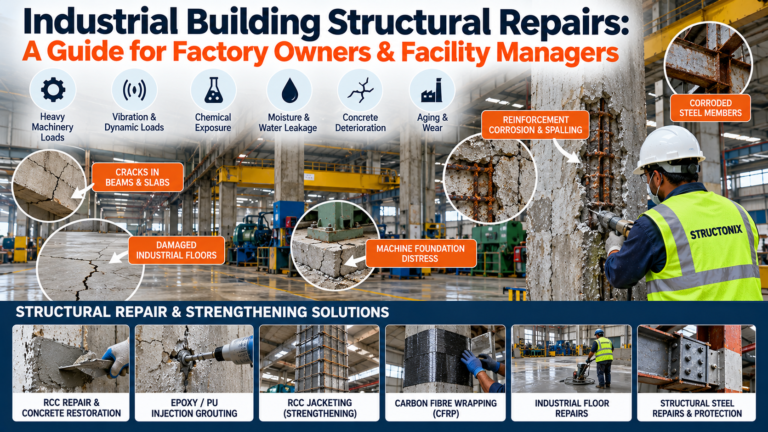 Industrial structural repairs showing RCC column restoration, reinforcement corrosion treatment, factory floor crack repairs, machine foundation damage, CFRP wrapping and steel strengthening.