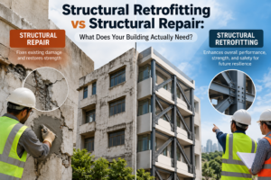 Comparison of structural repair and structural retrofitting showing concrete crack repairs, RCC building rehabilitation and steel strengthening techniques.