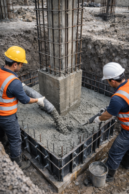 Workers performing RCC foundation enlargement for structural strengthening of existing column footing