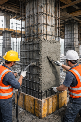 Construction workers performing RCC column jacketing with additional reinforcement and micro concrete for structural strengthening in Mumbai